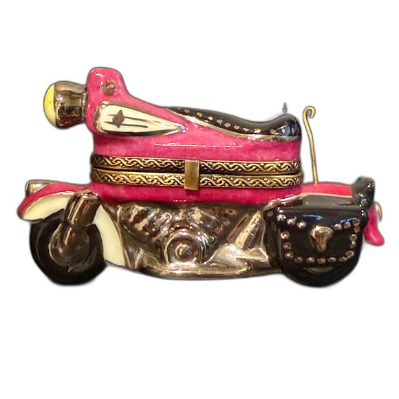 Limoges France Pink Motorcycle Porcelain Trinket Box Hand Painted Collectible - Picture 1 of 6